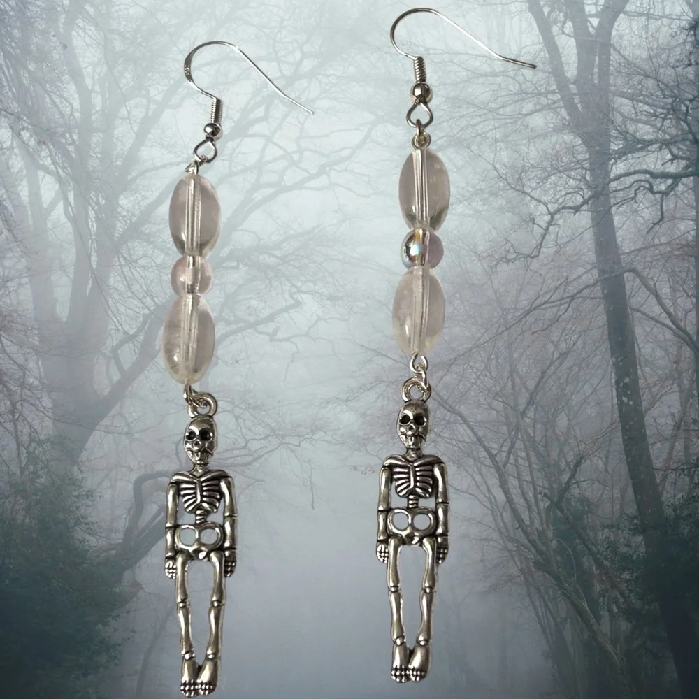 Hand Crafted Skeleton Earrings Glow Beads Long Duster Halloween Pierced - Picture 6 of 6